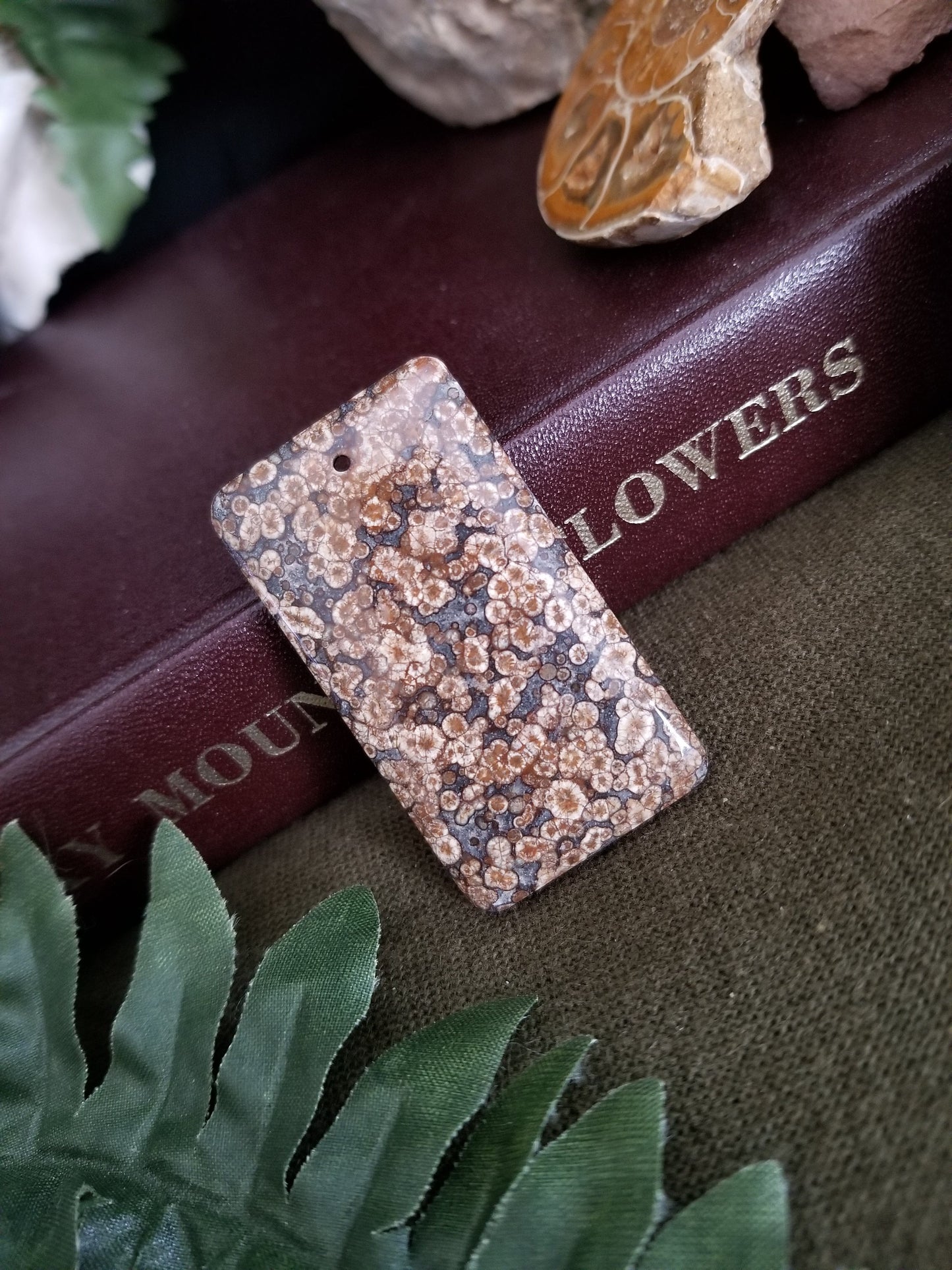 Fossilized coral rectangular bead with black, grey, and brown tones.
