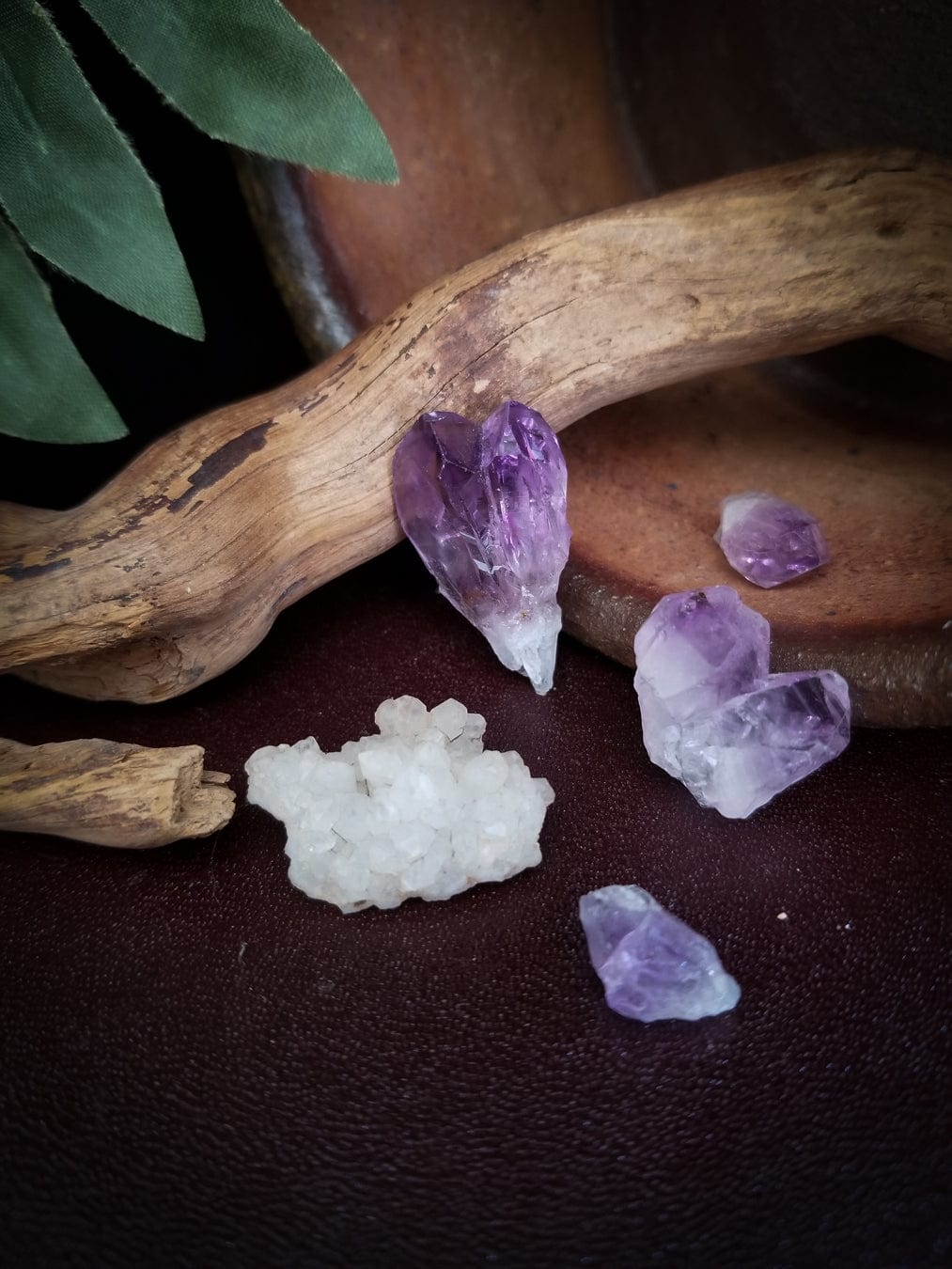 4 small pieces of amethyst crystals and one druzy. Amethysts are translucent purple and white. Druzy is white.